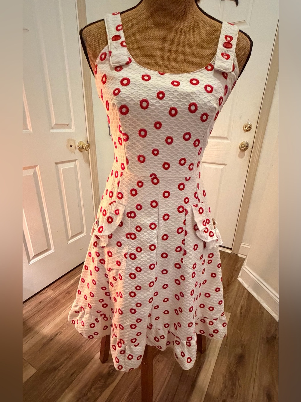 Vintage 1970s ACT I New York Red & White Embroidered Sundress Ruffle Pocket